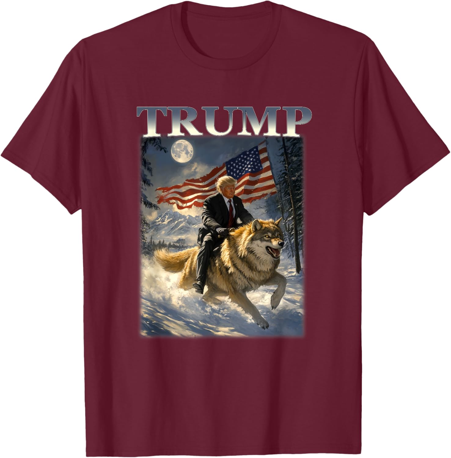 Donald Trump 2024 Riding Wolf American Flag T-Shirt - T-Shirt | Maroon