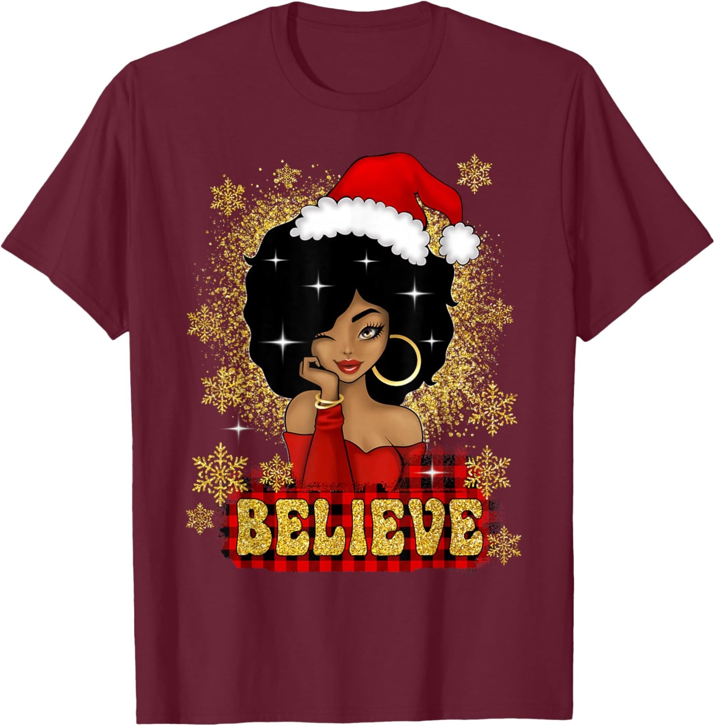 Christmas Believe Santa African American Black Woman T-Shirt - T-Shirt | Maroon