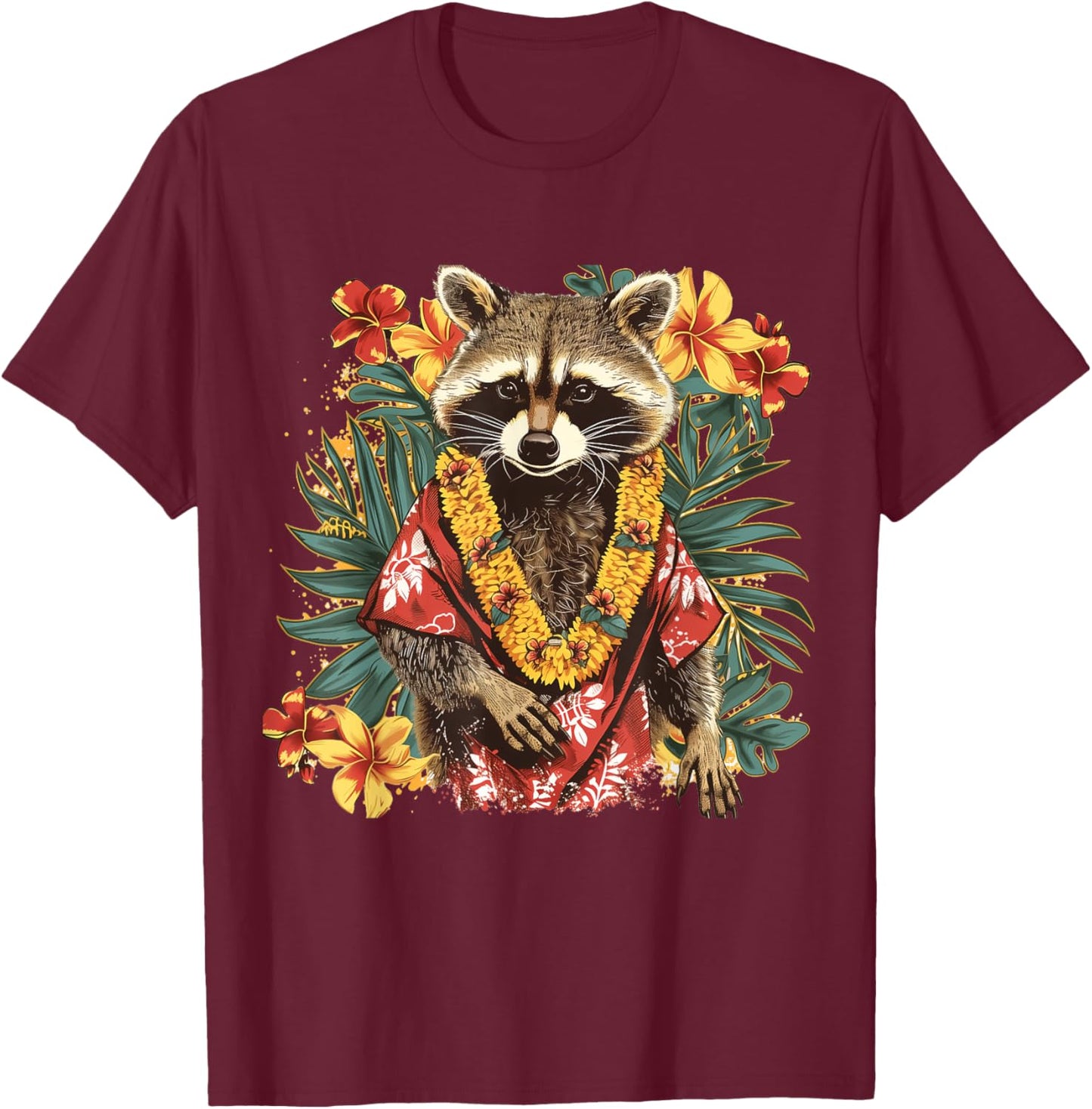 Hawaiian Hibiscus Flowers Hawaiian Raccoon T-Shirt - T-Shirt | Maroon