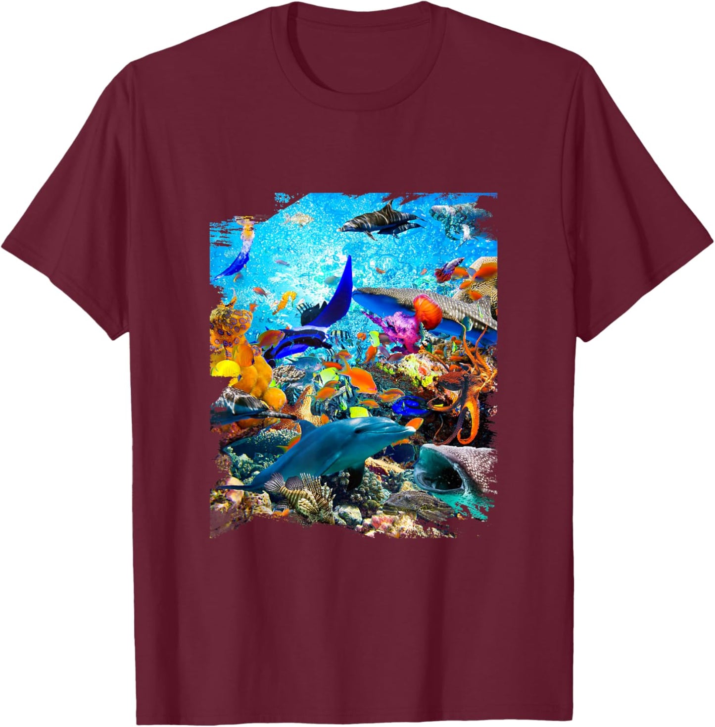 Ocean Dolphin Shark Turtle Coral Sea Fish Orca Whale Reef T-Shirt - T-Shirt | Maroon