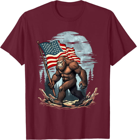 Patriotic Bigfoot - USA Flag 4th of July 4 T-Shirt - T-Shirt | Maroon