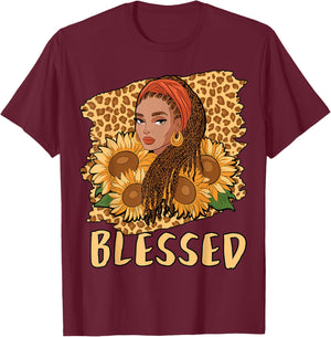 Blessed Black Queen Locs Leopard Sunflower God History Pride T-Shirt - T-Shirt | Maroon