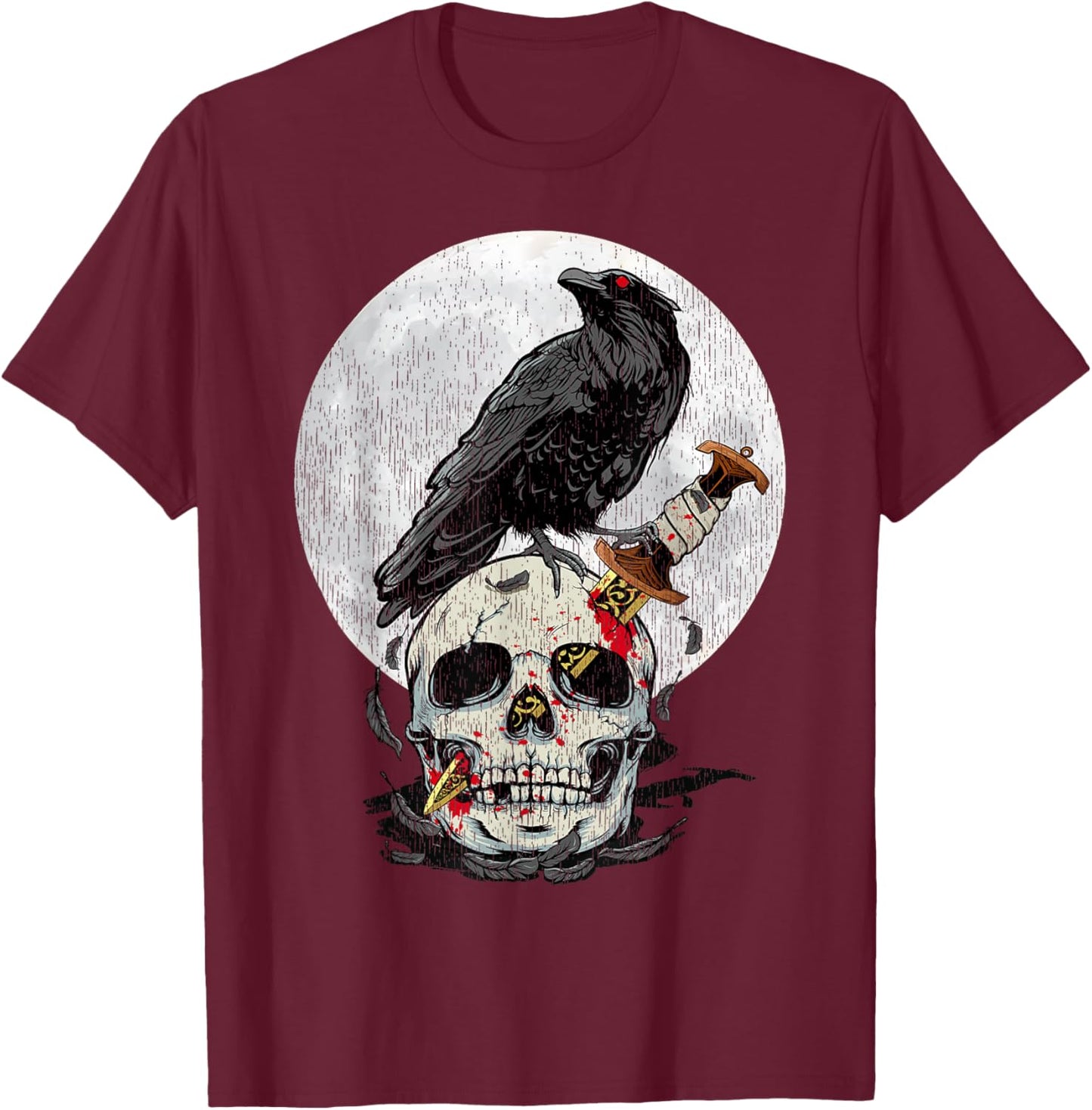 Bird Lover Vintage Crow Skull Moon Raven Gothic T-Shirt - T-Shirt | Maroon