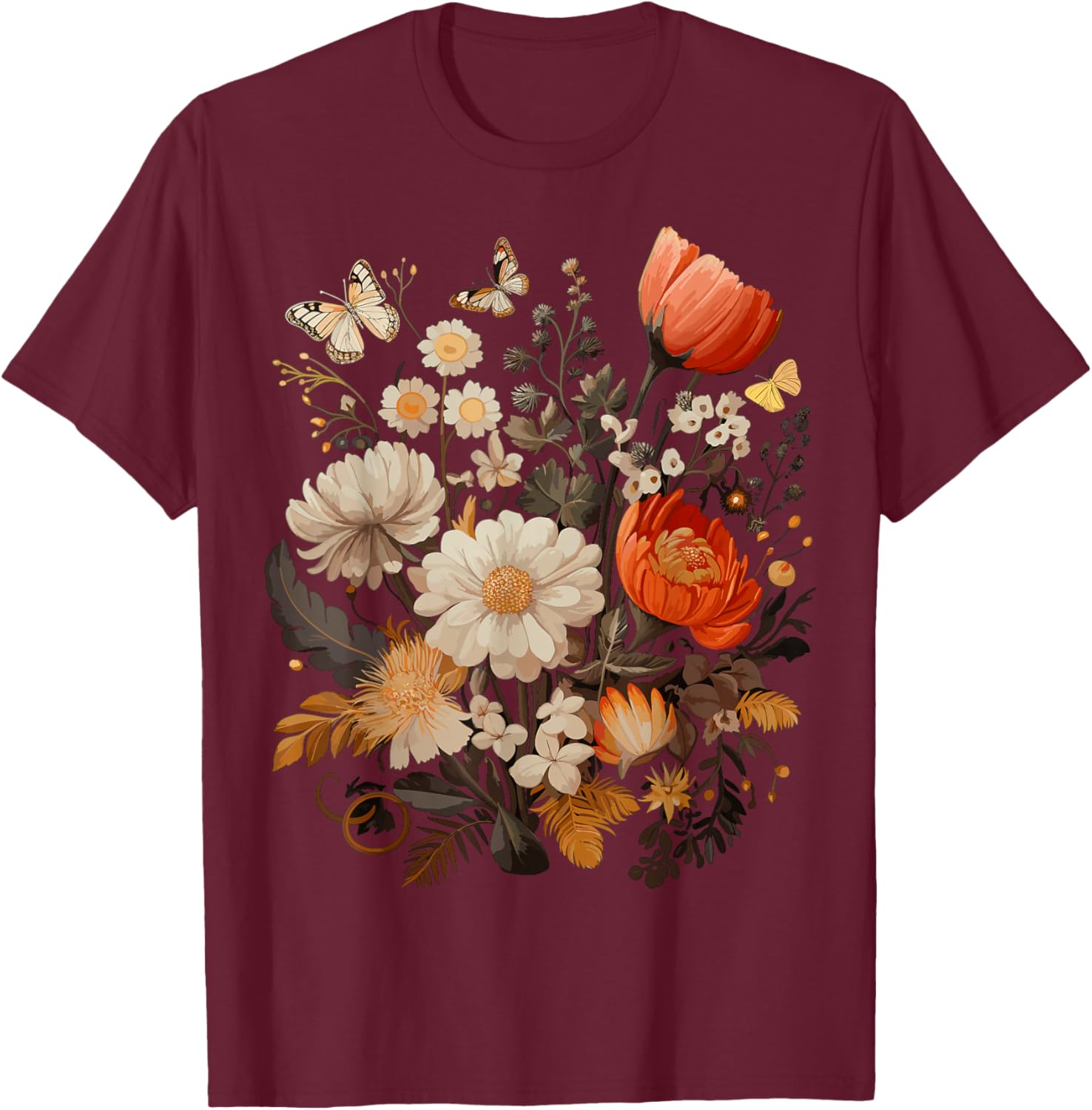 Vintage Pressed Flowers Butterflies Floral Boho Wildflowers T-Shirt - T-Shirt | Maroon