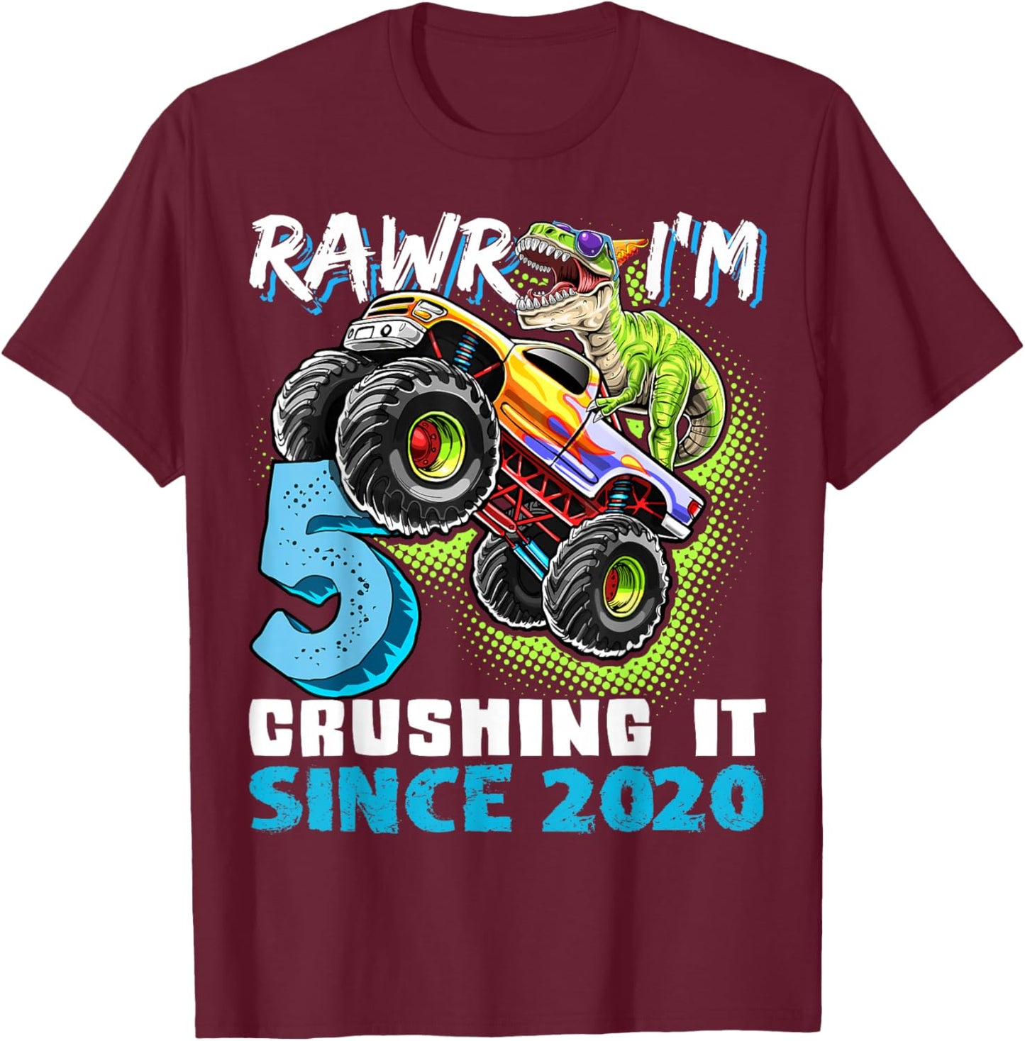 5th Birthday Monster Truck Dinosaur Party Boys Rawr I'm 5 T-Shirt - T-Shirt | Maroon