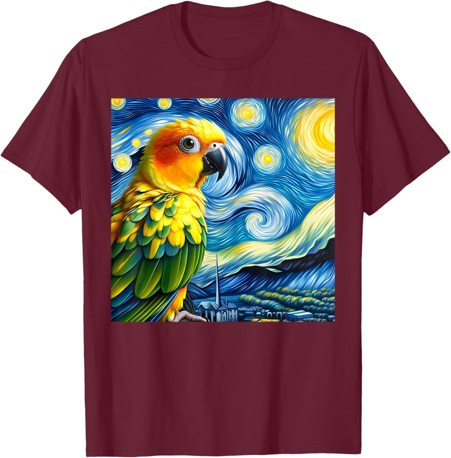Sun Conure Mom Starry Night Sky Art Van Gogh Bird Parrot T-Shirt - T-Shirt | Maroon