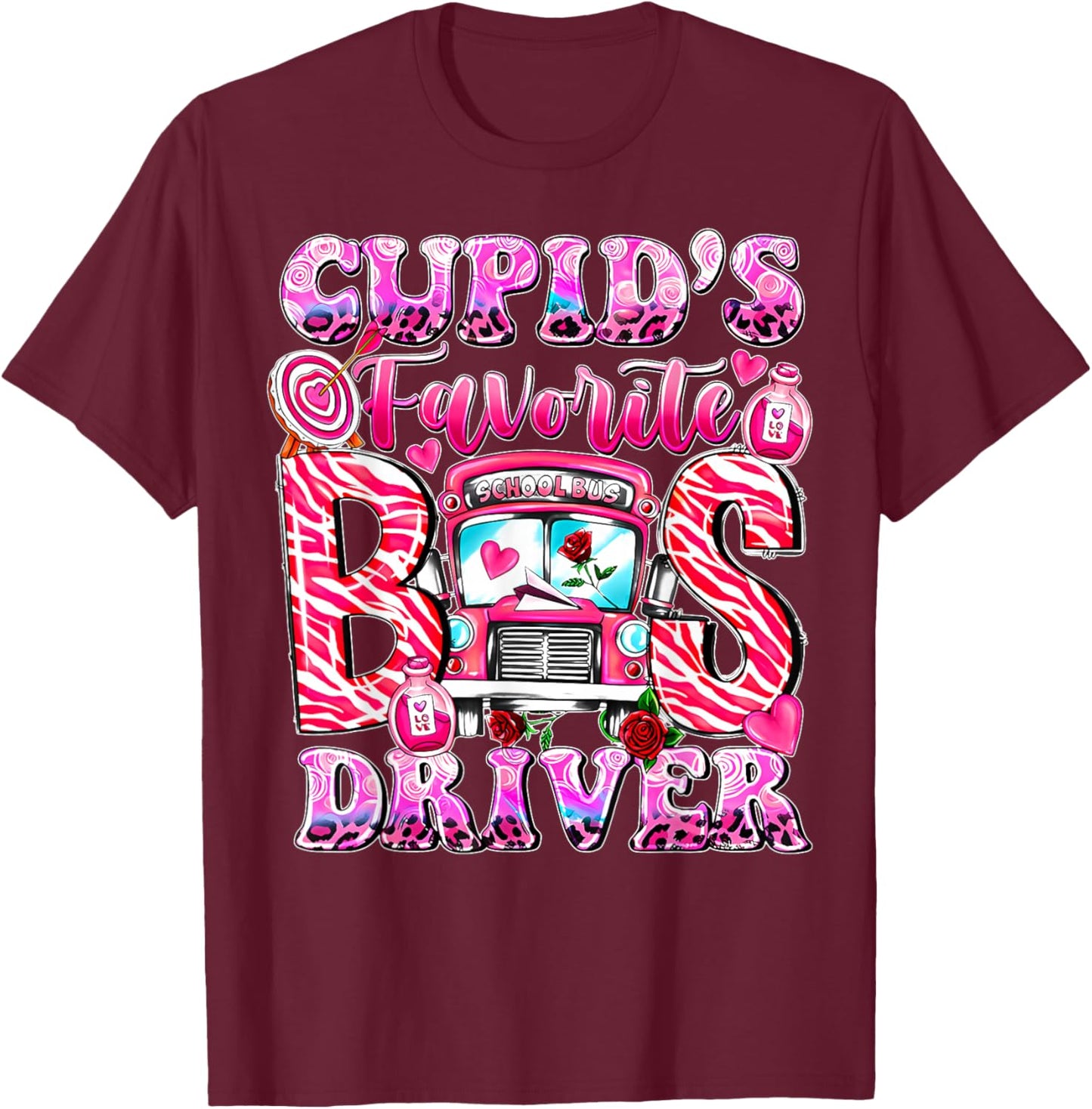 Groovy Cupid's Favorite School Bus Driver Valentine's Day T-Shirt - T-Shirt | Maroon