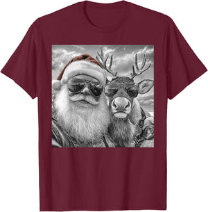 Funny Santa Claus Reindeer Selfie, Cool Retro Christmas T-Shirt - T-Shirt | Maroon