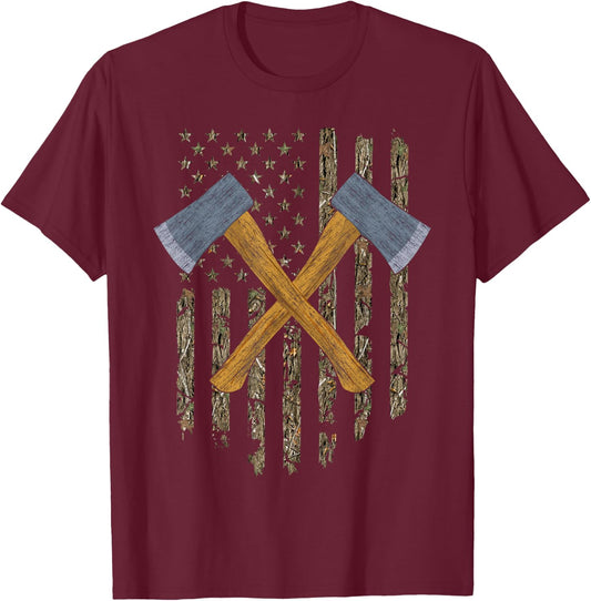 Axe Throwing Hatchets American Flag Tree Camouflage Vintage T-Shirt - T-Shirt | Maroon