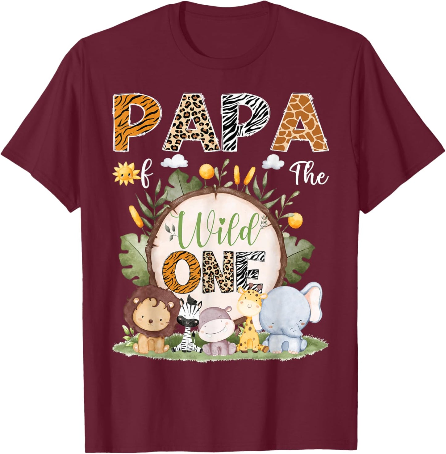 Papa Of The Wild One 1St Birthday Kids Safari Woodland T-Shirt - T-Shirt | Maroon