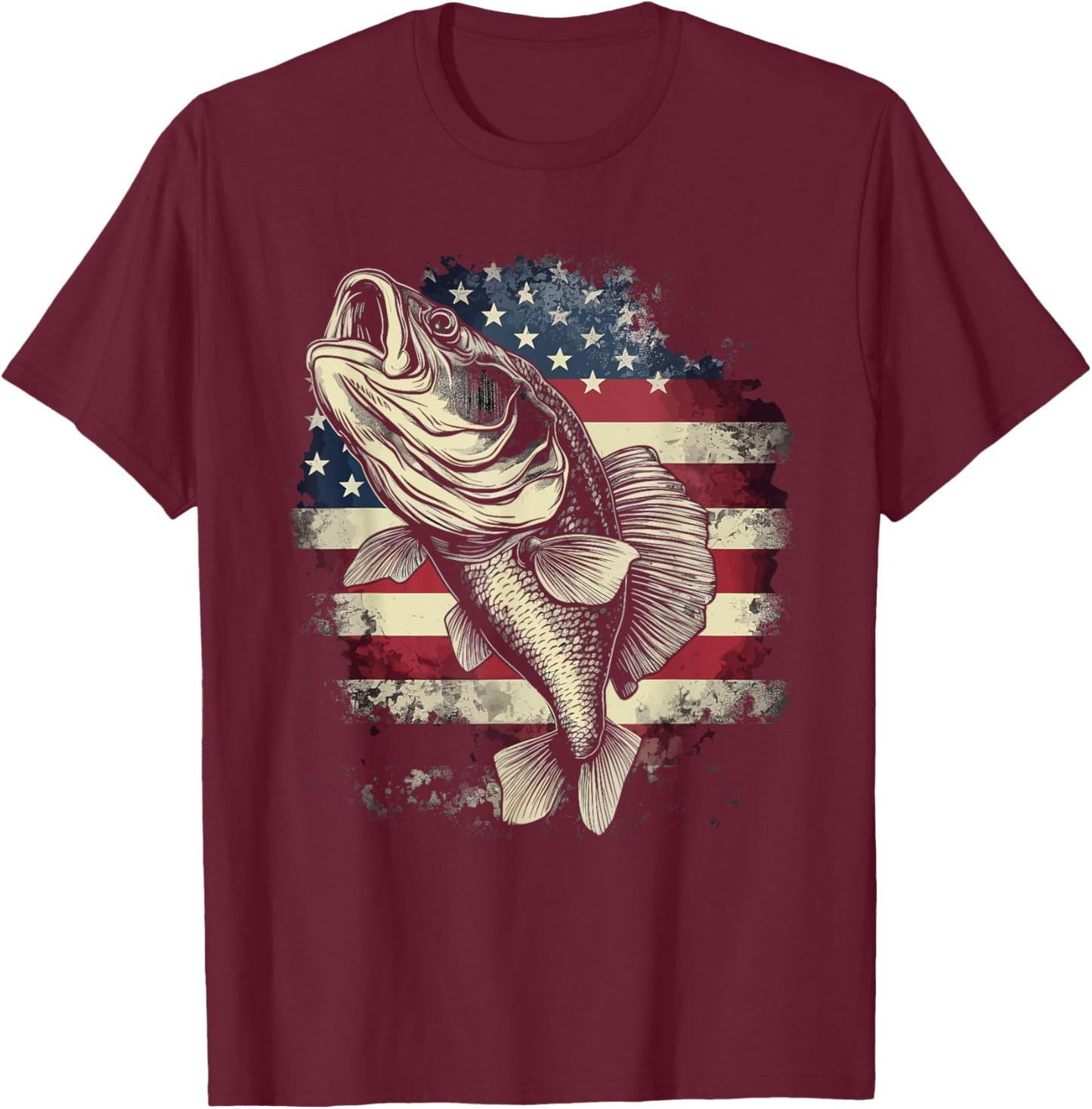 Patriotic Fishing 4th of July Men American Flag Bass Fishing T-Shirt - T-Shirt | Maroon