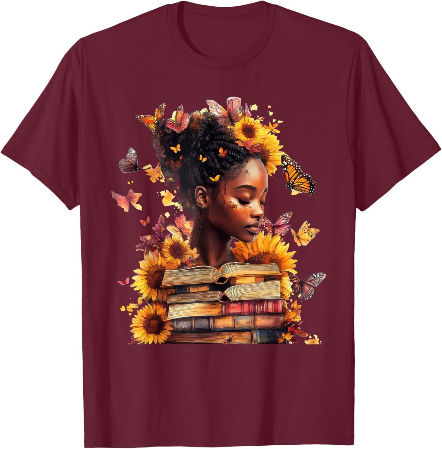 Queen Melanin Black Women Butterfly Sunflower Black History T-Shirt - T-Shirt | Maroon