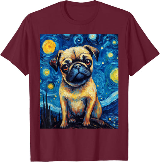 Starry Night Pug Dog Van Gogh Sky Painting Art Pug Lovers T-Shirt - T-Shirt | Maroon