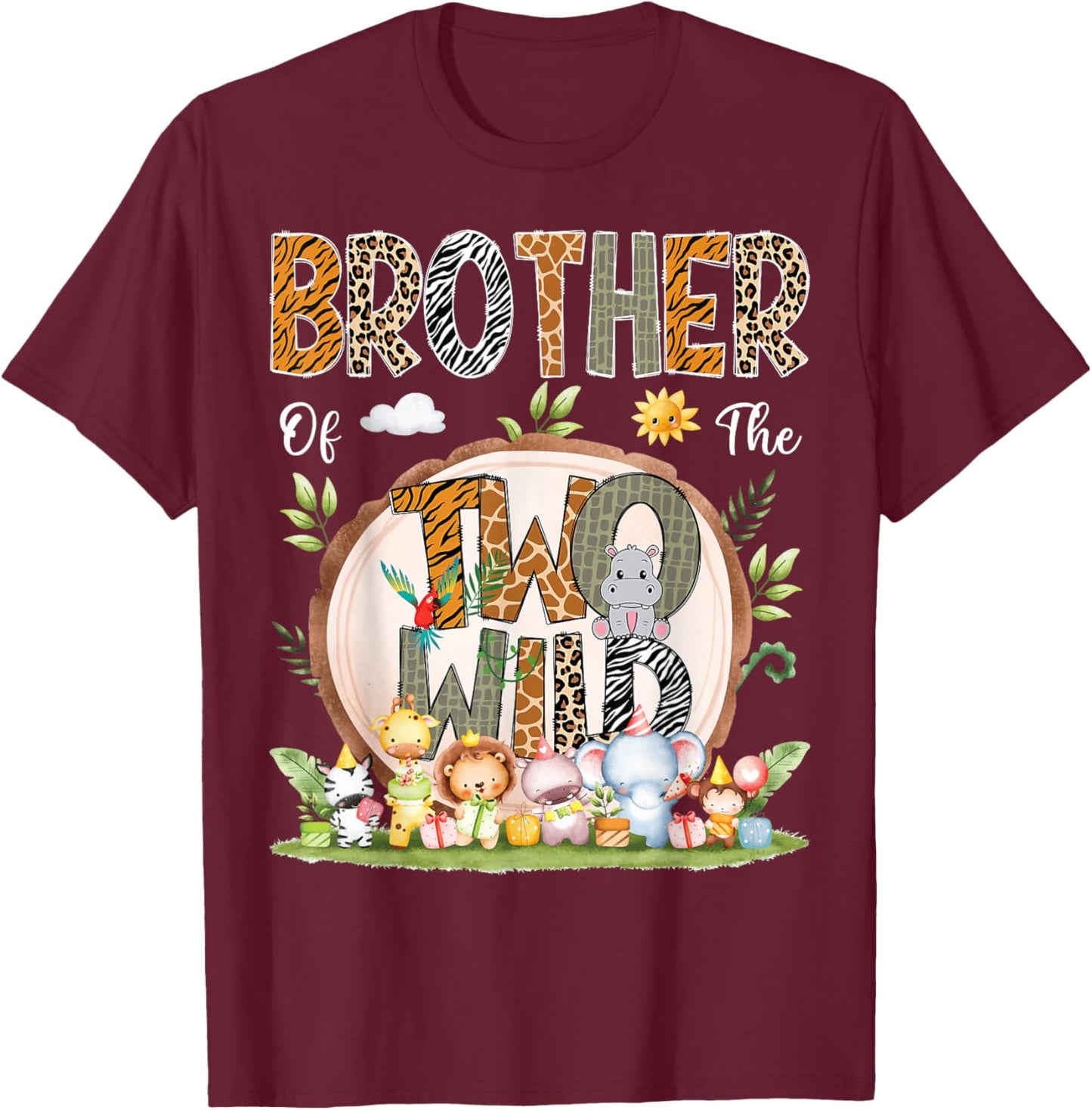 Brother Of The Two Wild Animal Safari 2Nd Birthday Party T-Shirt - T-Shirt | Maroon