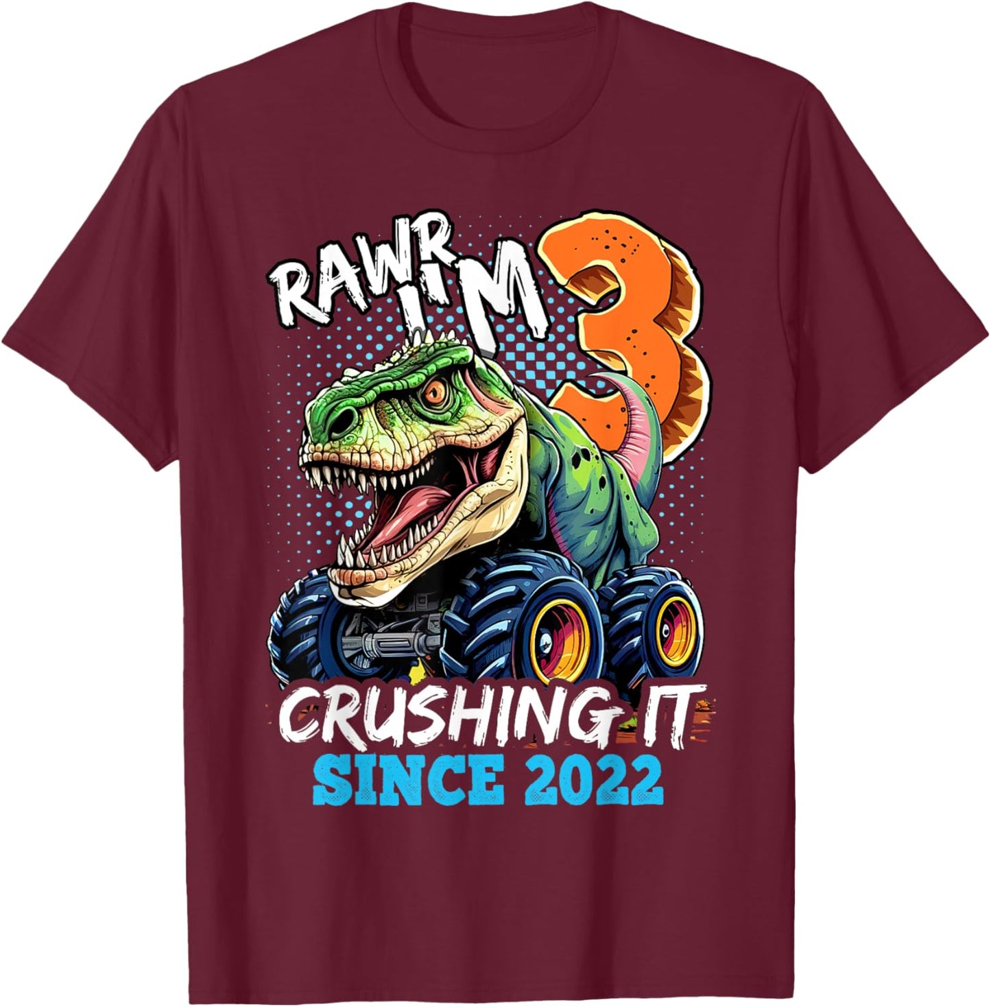 3rd Birthday Monster Truck Dinosaur Party Boys Rawr I'm 3 T-Shirt - T-Shirt | Maroon