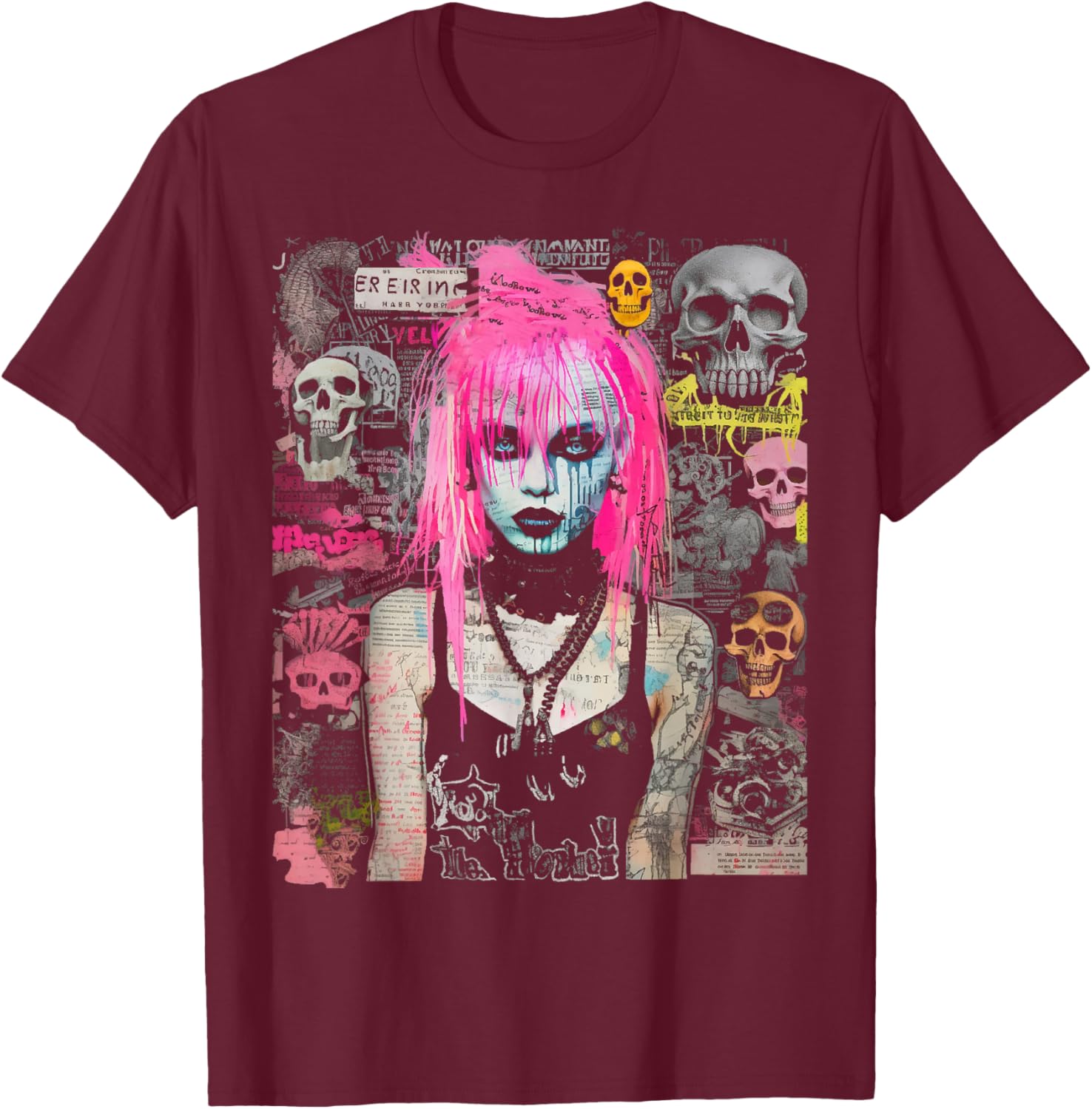 Pink Hair Punk Goth Witch With Skull Collage Background T-Shirt - T-Shirt | Maroon