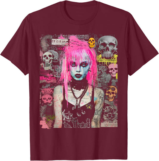 Pink Hair Punk Goth Witch With Skull Collage Background T-Shirt - T-Shirt | Maroon