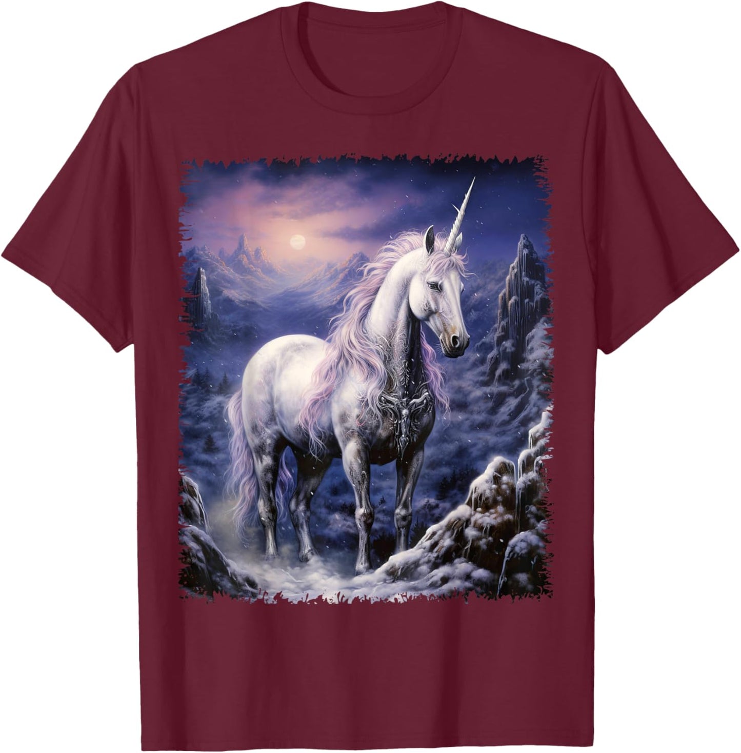 Fantasy white Unicorn standing in the snowy forest T-Shirt - T-Shirt | Maroon