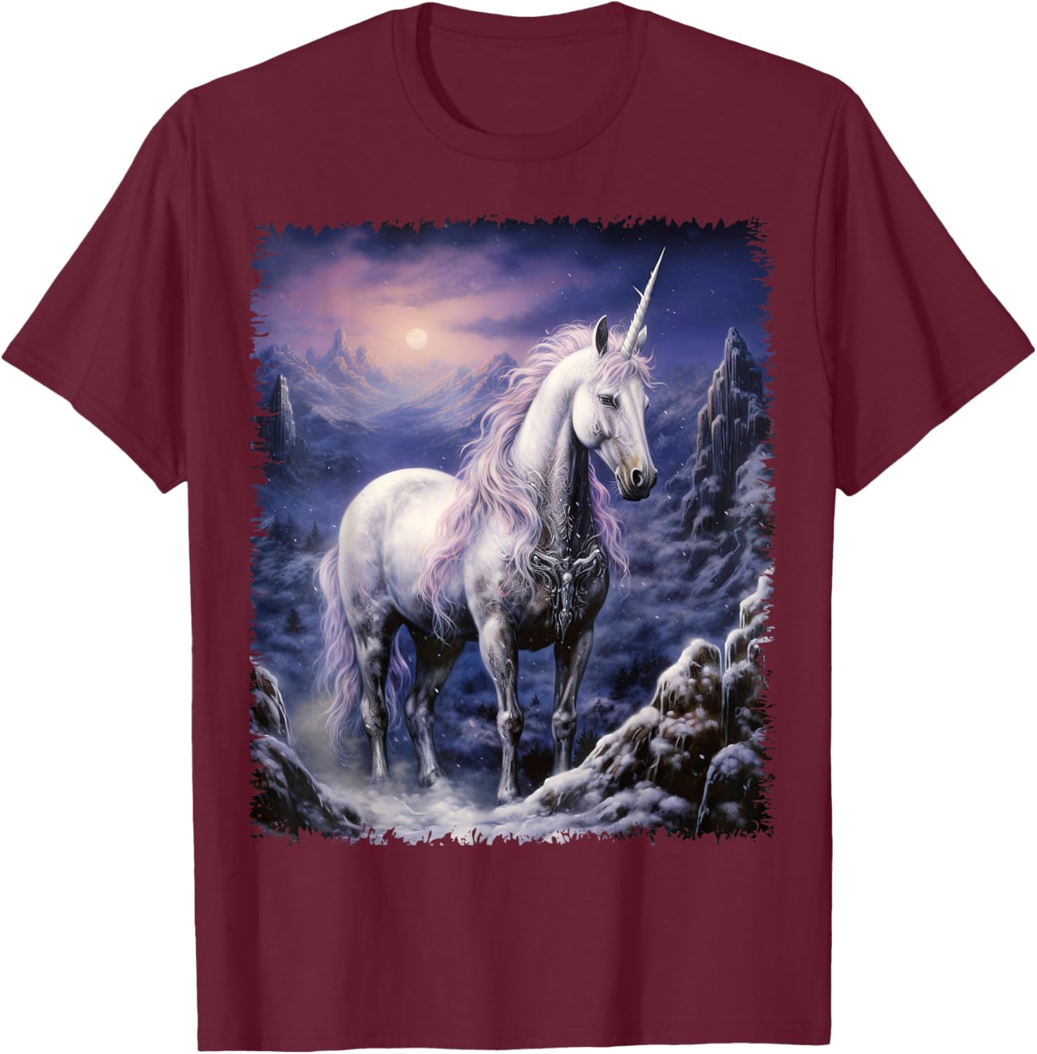 Fantasy white Unicorn standing in the snowy forest T-Shirt - T-Shirt | Maroon