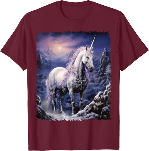 Fantasy white Unicorn standing in the snowy forest