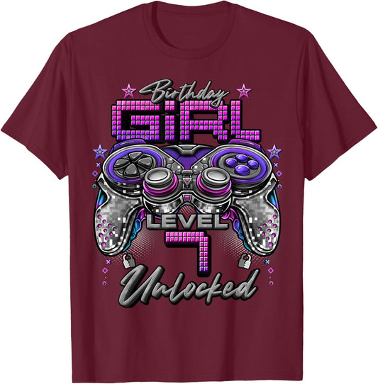 Gamer Girl Level 7 Unlocked 7th Birthday Video Gaming Girl T-Shirt - T-Shirt | Maroon