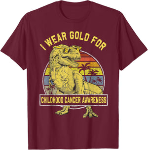 I Wear Gold For Childhood Cancer Awareness Dinosaur Boys T-Shirt - T-Shirt | Maroon