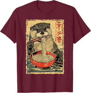 Funny Vintage Japanese Art Otter Eating Ramen Noodles Kids T-Shirt - T-Shirt | Maroon