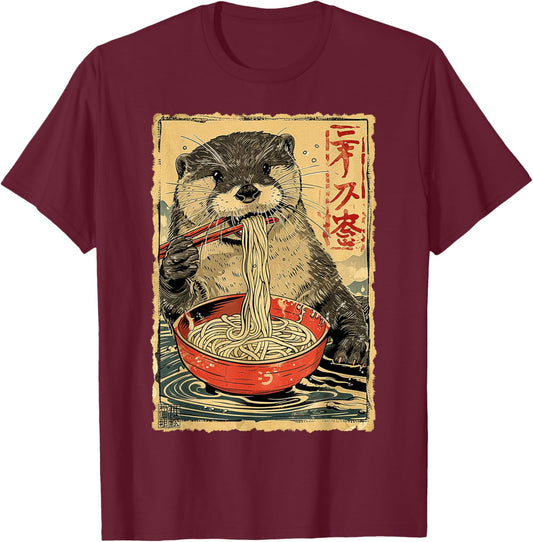 Funny Vintage Japanese Art Otter Eating Ramen Noodles Kids T-Shirt - T-Shirt | Maroon