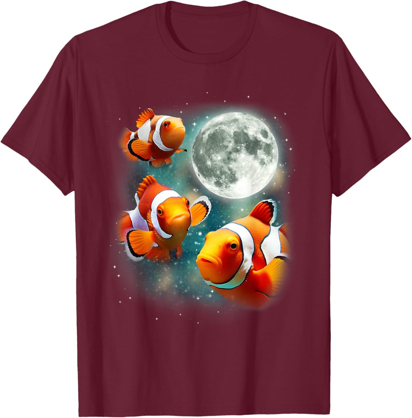 Three Clownfish Moon | Tropical Ocean Marine Clown Fish T-Shirt - T-Shirt | Maroon