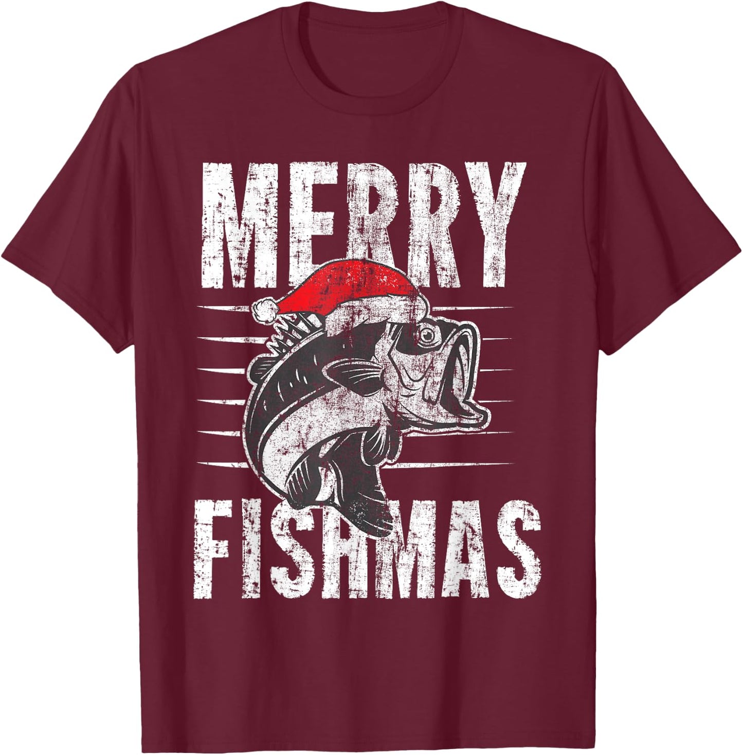 Merry Fishmas Funny Christmas Fishing Distressed Gift T-Shirt - T-Shirt | Maroon