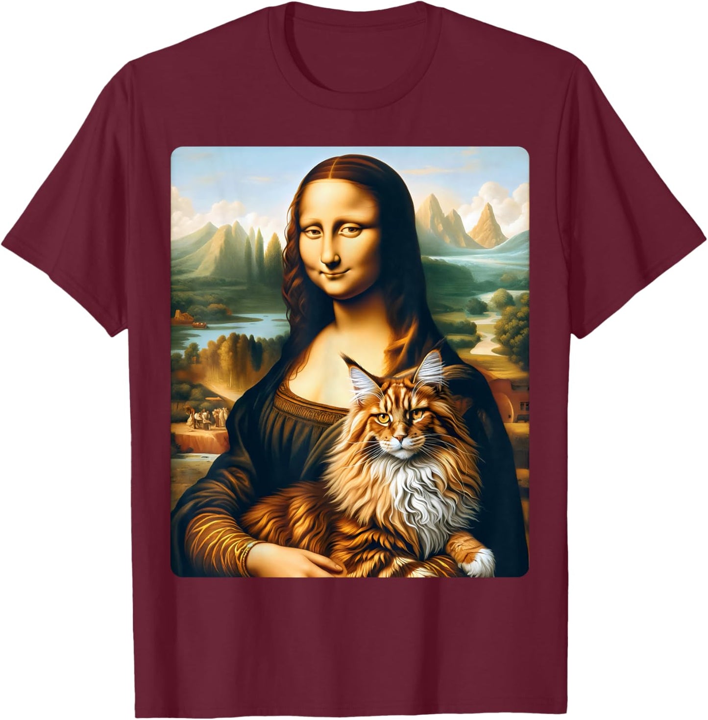 Mona Lisa's Feline Companion: Maine Coon Cat Artwork Women Kids T-Shirt - T-Shirt | Maroon