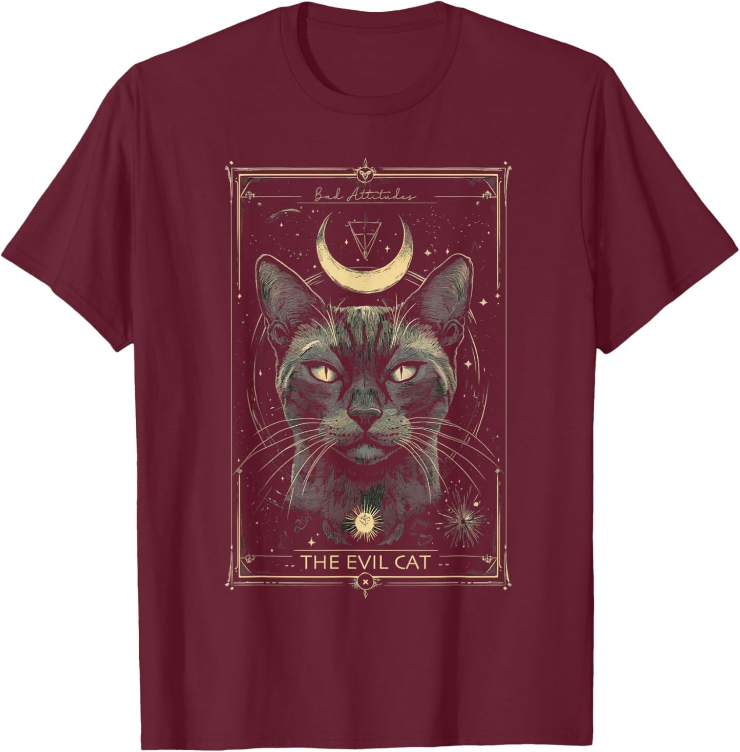 The Evil Cat Occult Tarot Card Gothic Witchcraft Crescent T-Shirt - T-Shirt | Maroon