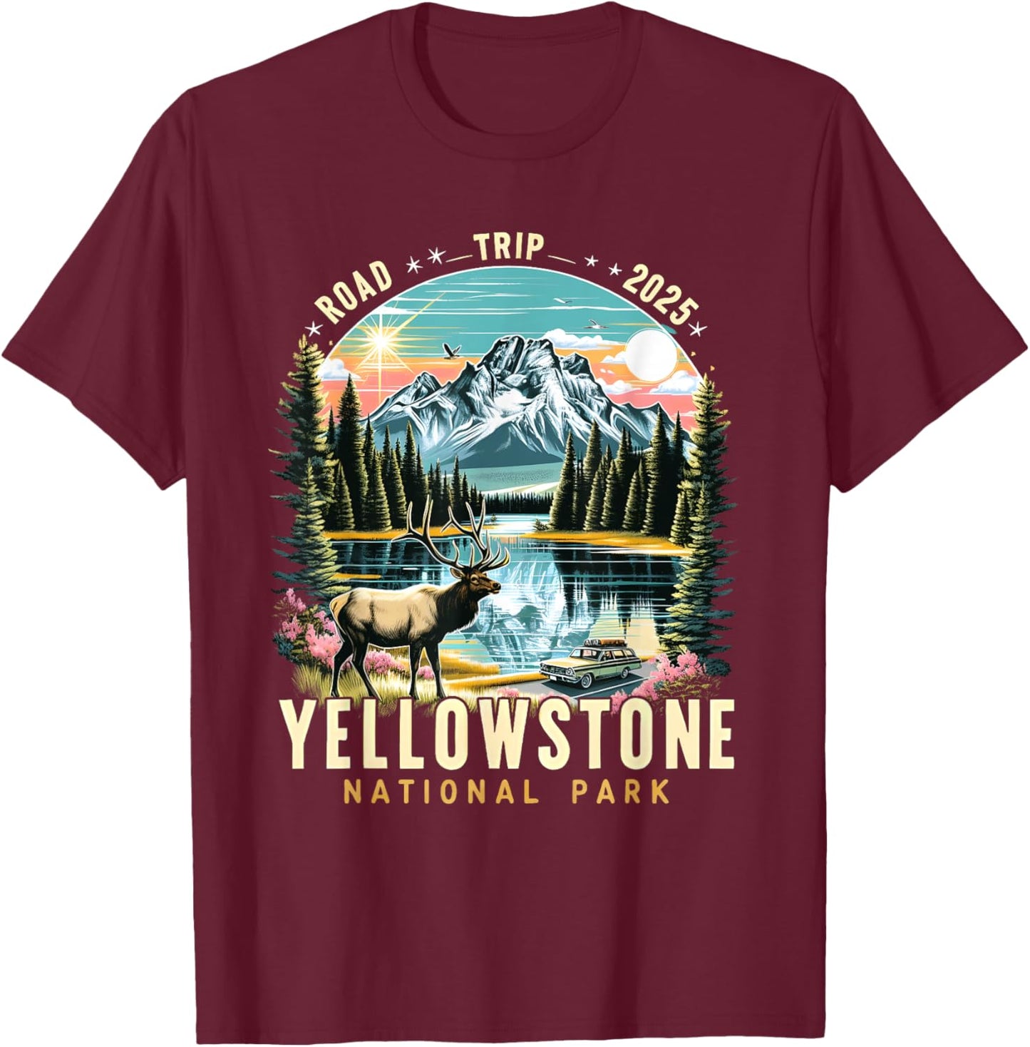 Yellowstone Road Trip 2025 Nature Adventure Souvenir Graphic T-Shirt - T-Shirt | Maroon