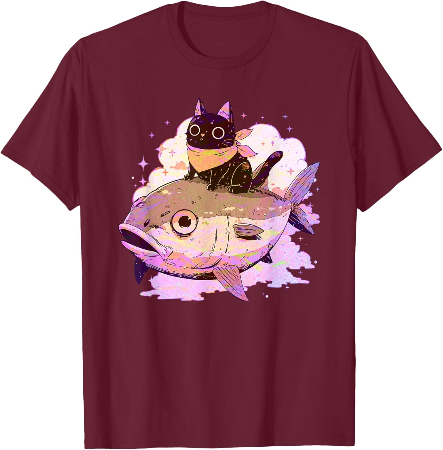 Funny Pink Pastel Goth Aesthetic Tuna Fish Neko Kawaii Cat Men Women Girls Kids T-Shirt - T-Shirt | Maroon