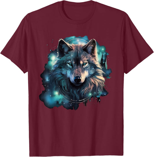 Grey Wolf Hunting Grounds, Icy Moon, Forest, Galaxy T-Shirt - T-Shirt | Maroon