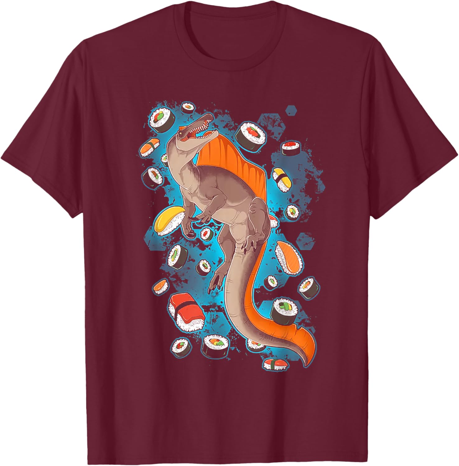 Funny Sushisaurus Spinosaurus Shirt - Adults - Black X-Small - Modern Cartoon - Sports, Everyday, Birthdays T-Shirt - T-Shirt | Maroon