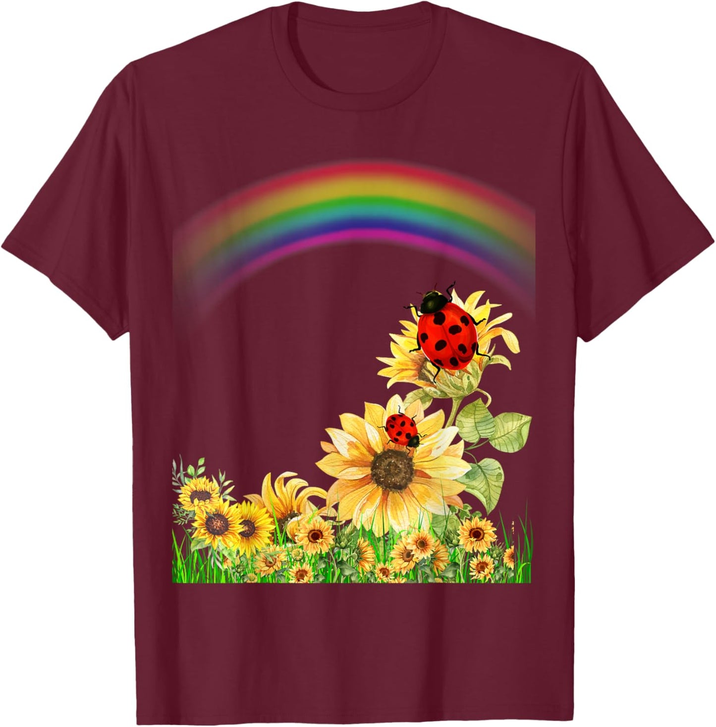 Ladybugs With Rainbows and Sunflowers Ladybug Design T-Shirt - T-Shirt | Maroon