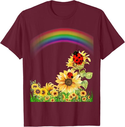 Ladybugs With Rainbows and Sunflowers Ladybug Design T-Shirt - T-Shirt | Maroon