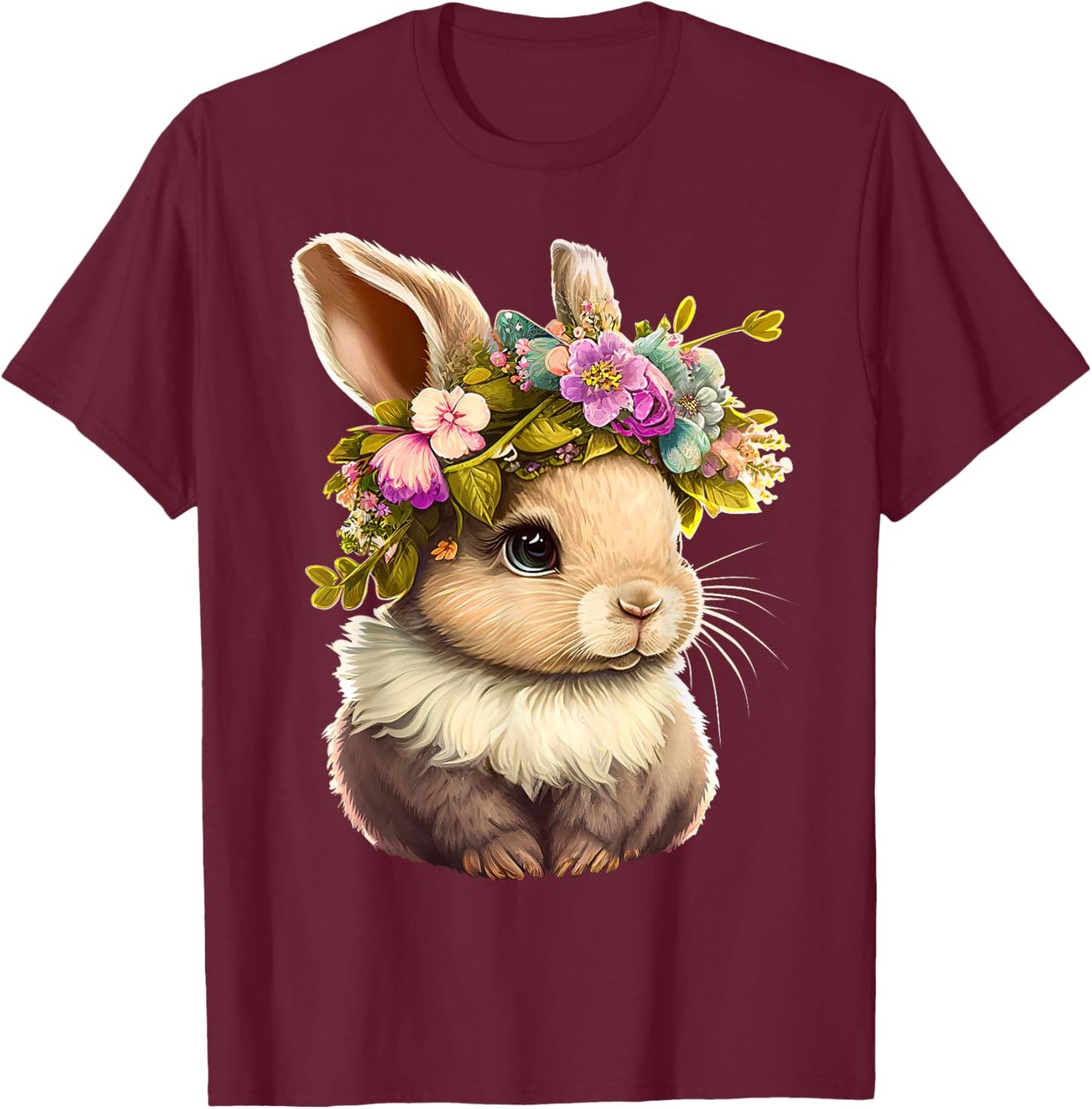 Easter Bunny Rabbit Women - Happy Bunny Flower Graphic Girls T-Shirt - T-Shirt | Maroon