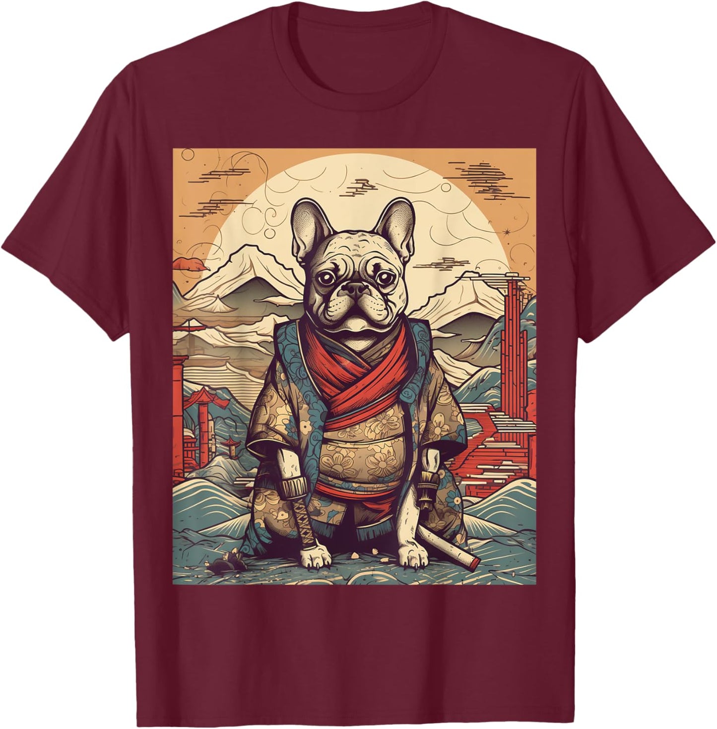 Vintage Japanese Art Samurai French Bulldog T-Shirt - T-Shirt | Maroon