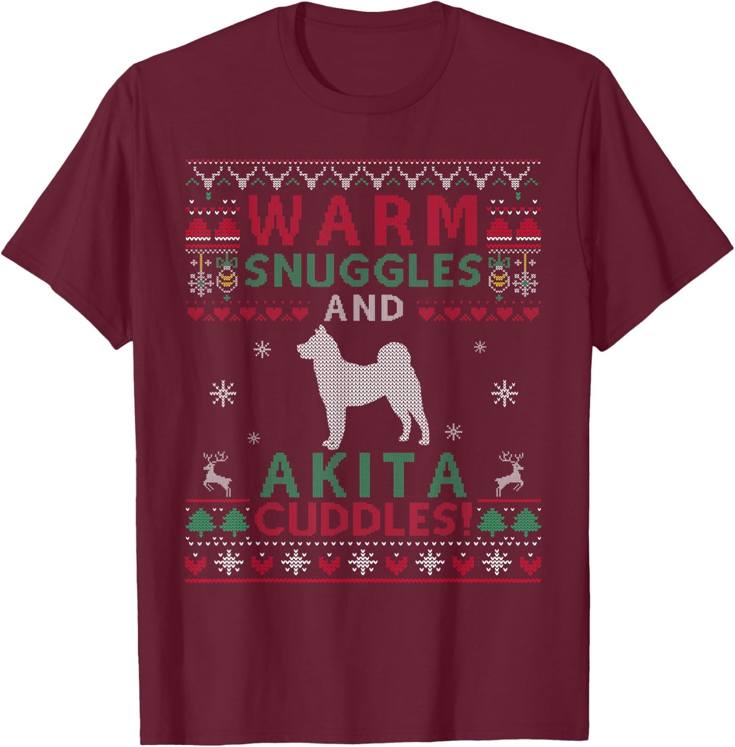 Christmas Akita Dog Ugly Sweater Style T-Shirt - T-Shirt | Maroon