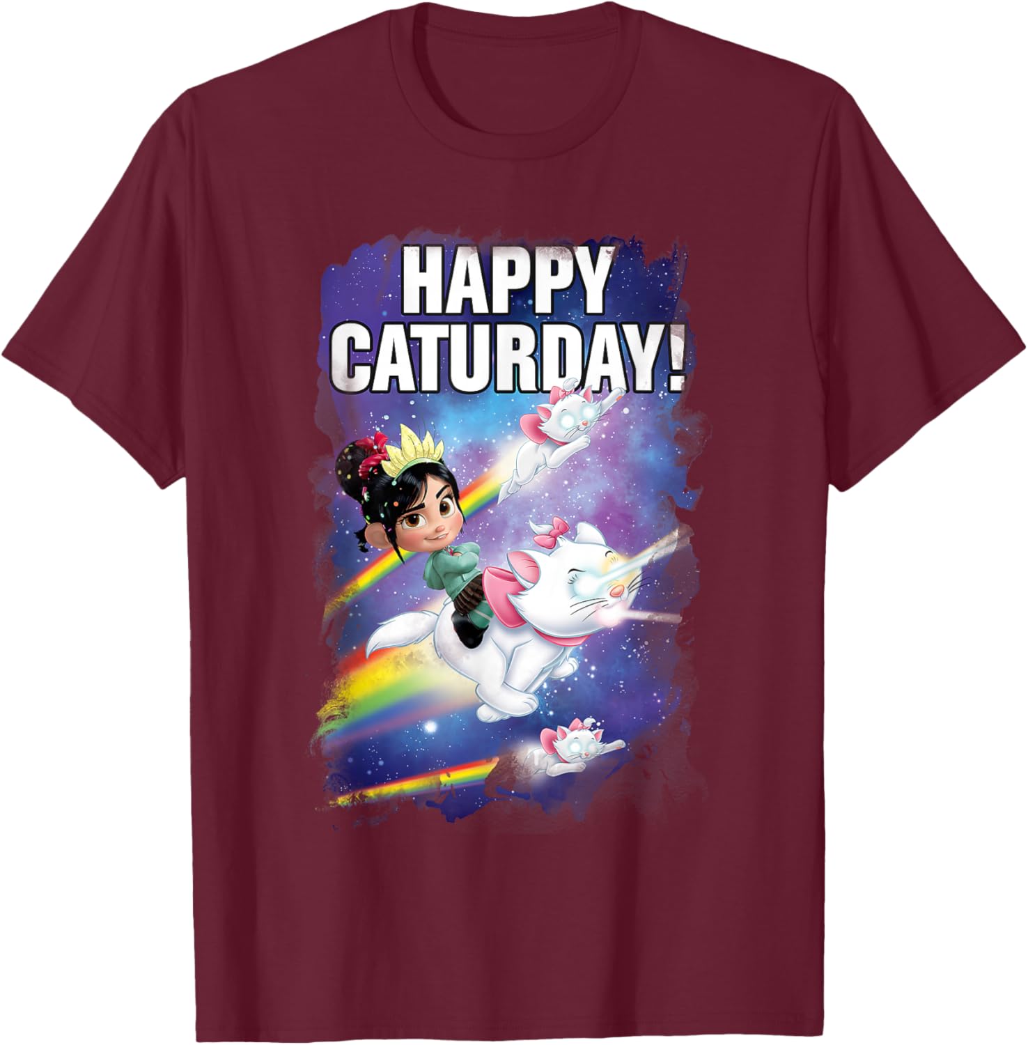 Disney Wreck-It Ralph Happy Caturday Vanellope & Marie Space T-Shirt - T-Shirt | Maroon
