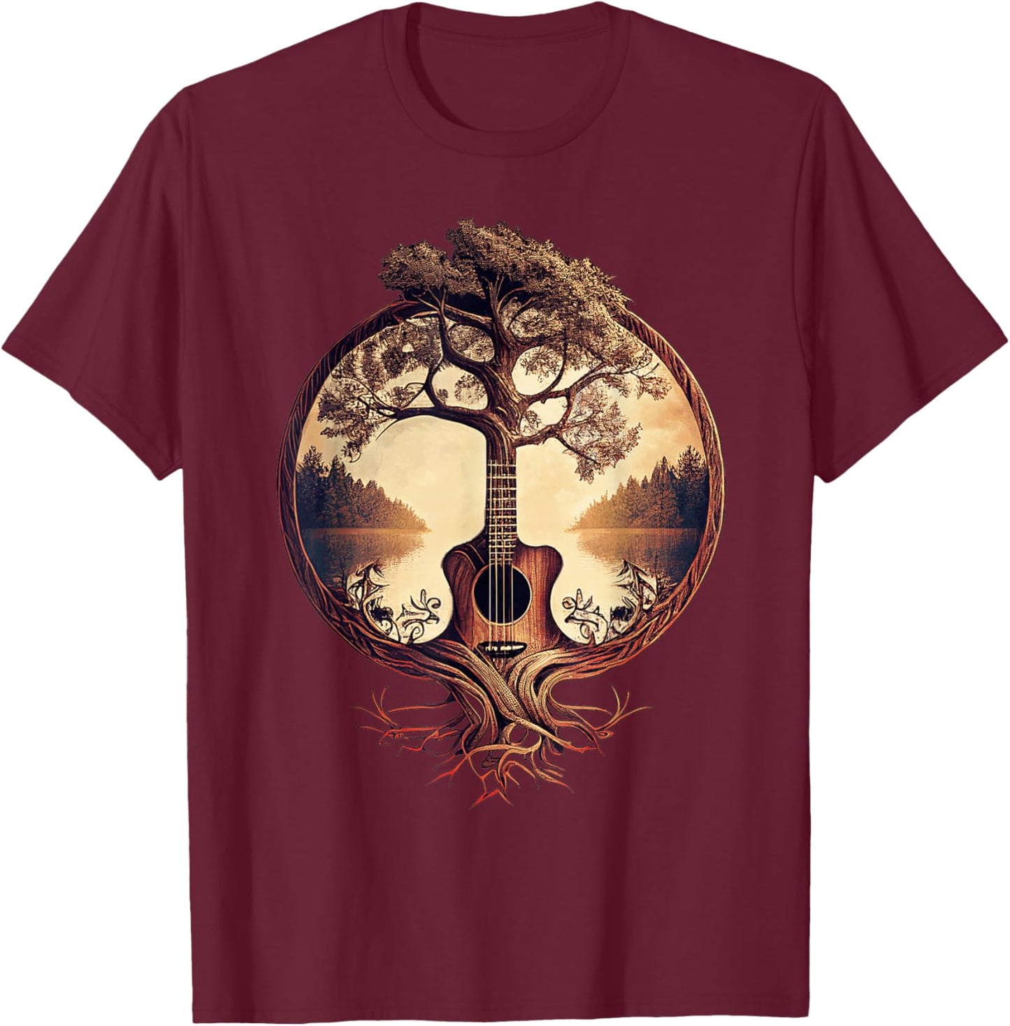Acoustic Guitar Tree by The Lake Guitarist Small T-Shirt - T-Shirt | Maroon