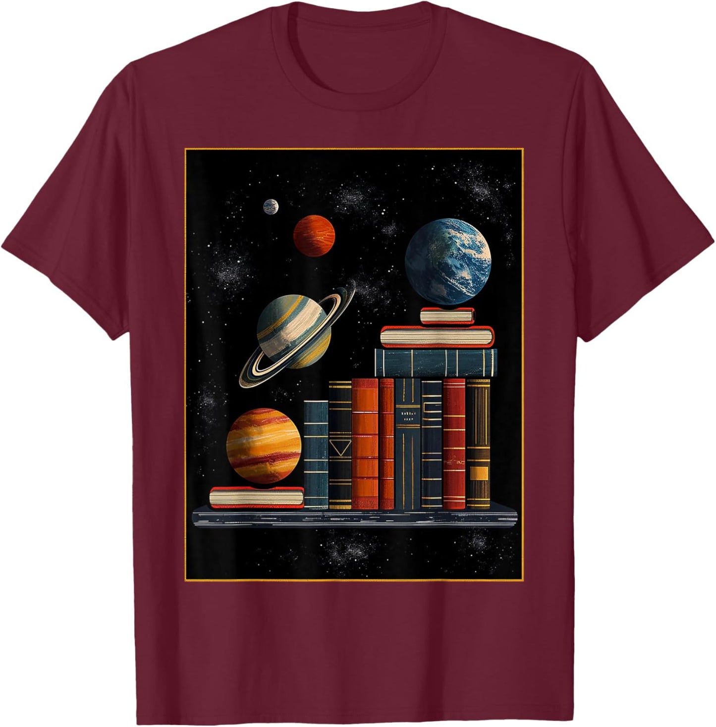 Book Planets Illustration Graphic Fantasy Art T-Shirt - T-Shirt | Maroon
