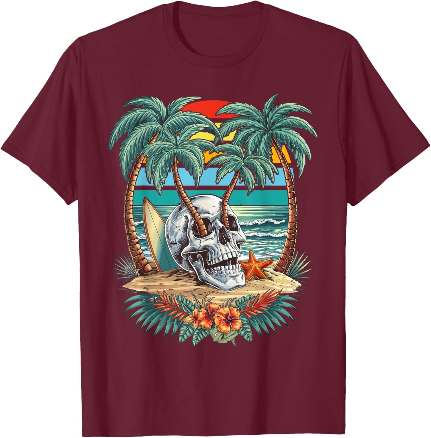 Vintage Palm Tree Skull Summer Beach Men Motorcycle Tattoo T-Shirt - T-Shirt | Maroon