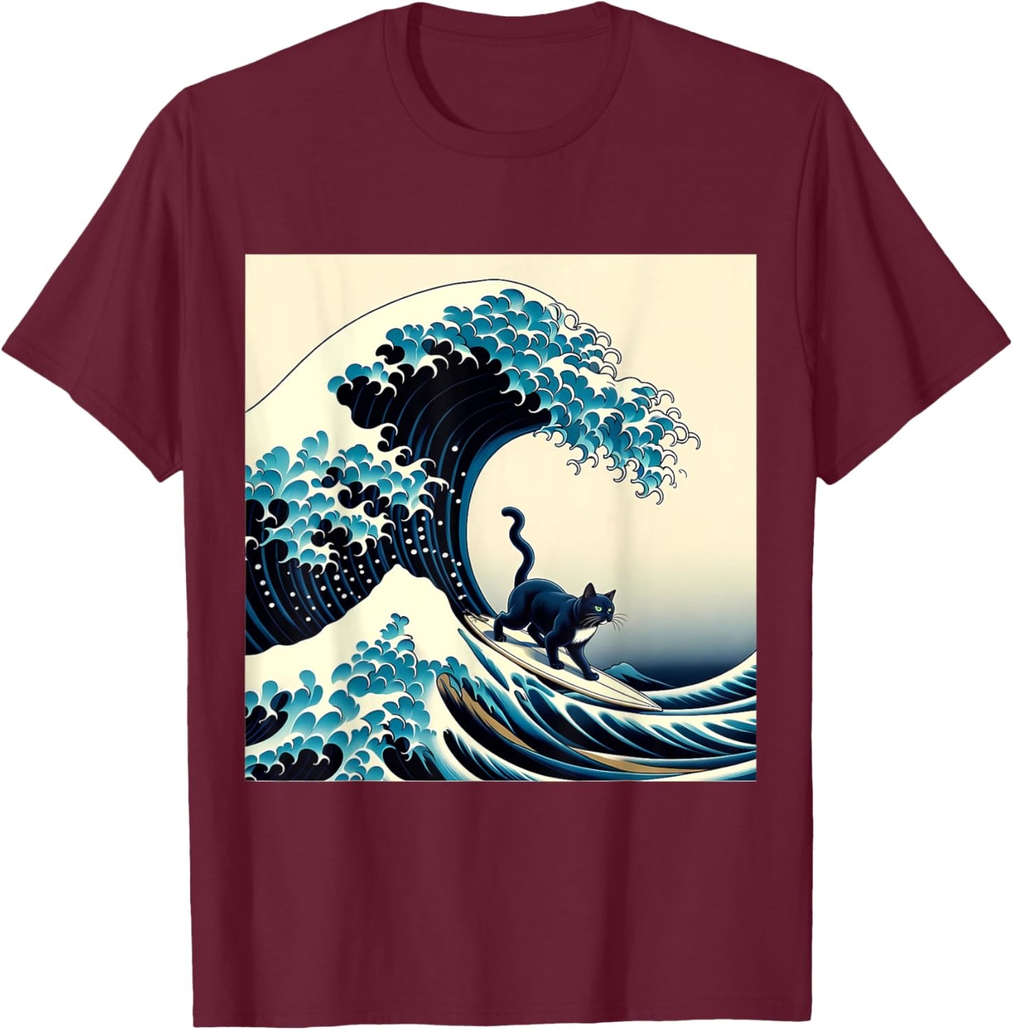 Black Cat With Surf Surfing The Great Wave Men Women Kids T-Shirt - T-Shirt | Maroon