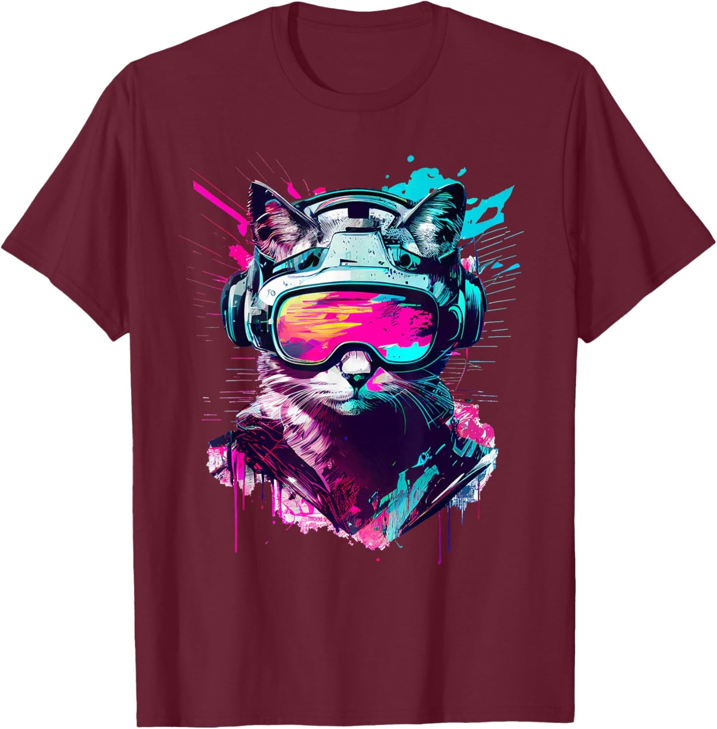 Funny VR Gamer Cat in VR Headset Virtual Reality Gaming T-Shirt - T-Shirt | Maroon