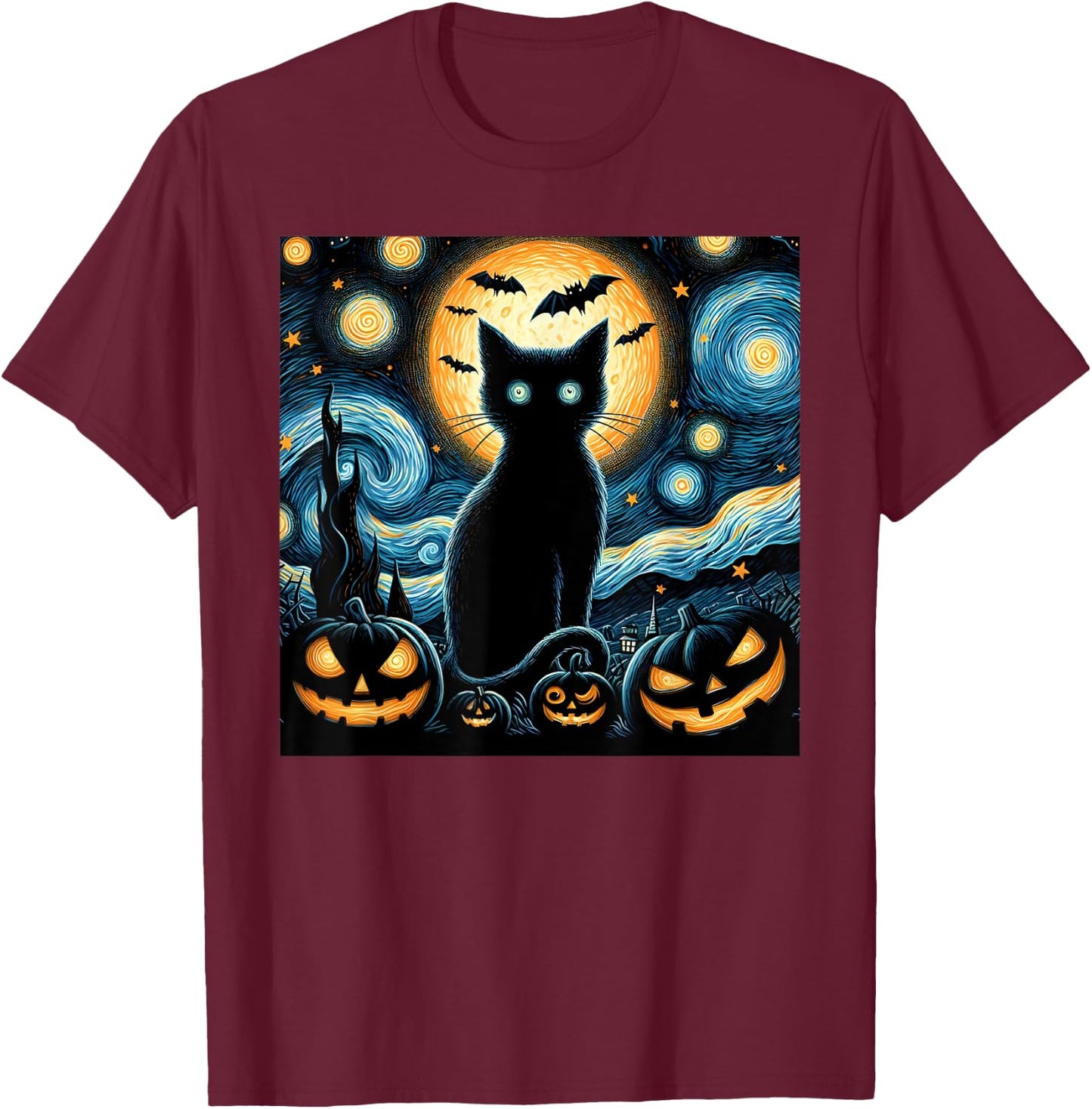 Halloween Starry Night Black Cat Van Gogh Halloween Cat Women Kids T-Shirt - T-Shirt | Maroon
