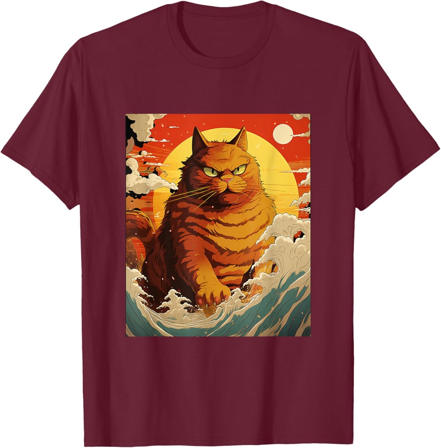 Catzilla Vintage Funny Cute Cat Art Japanese Sunset Waves Women T-Shirt - T-Shirt | Maroon