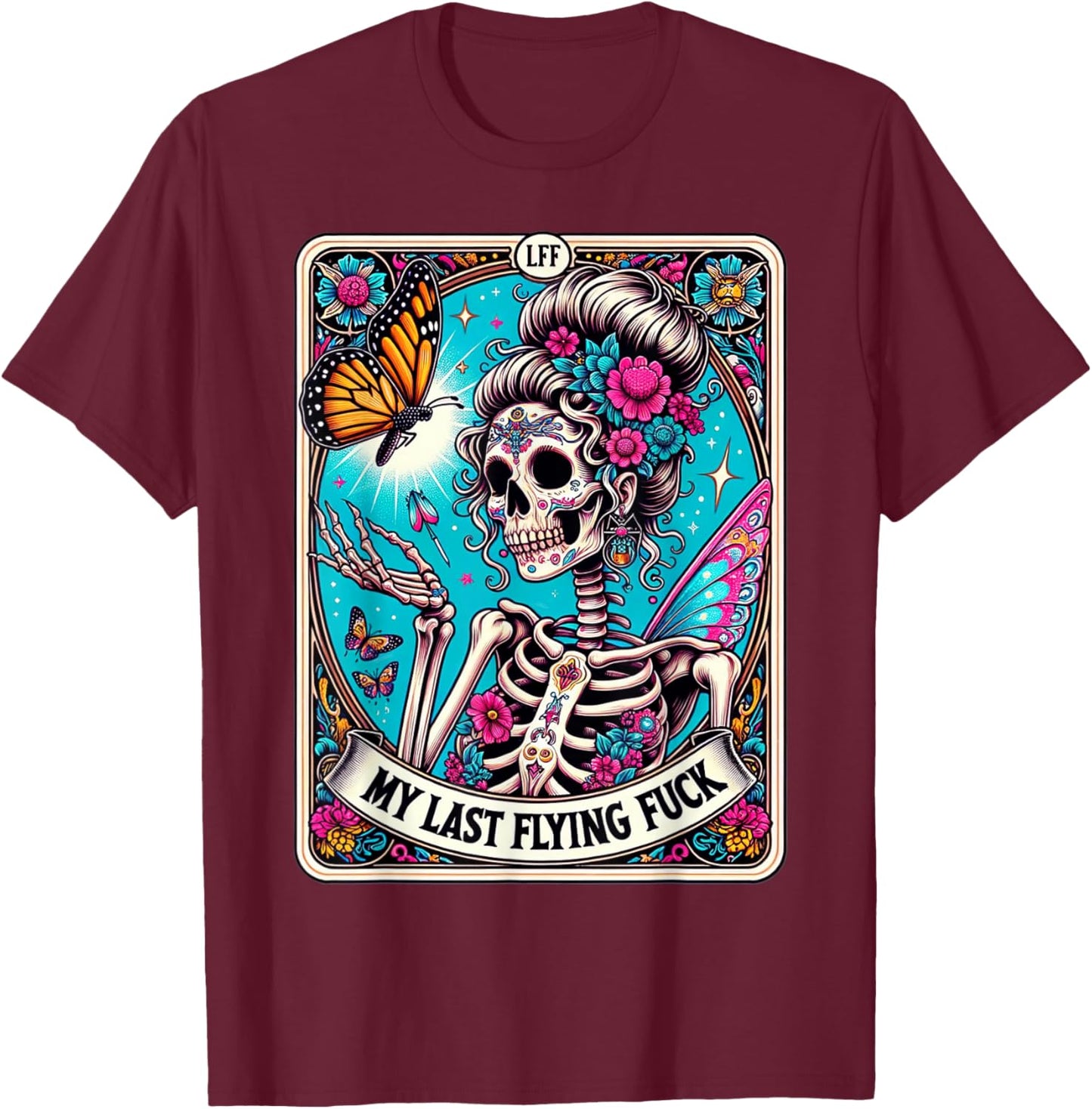 My Last Flying, Funny Sayings Skeleton Retro 70s Tarot Card T-Shirt - T-Shirt | Maroon